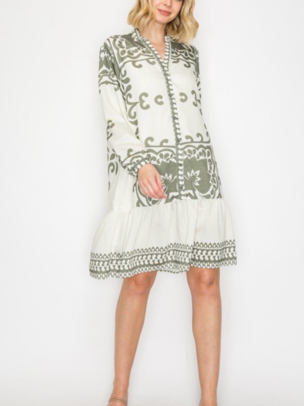 Boho V-Neck Tiered Dress in Olive and White